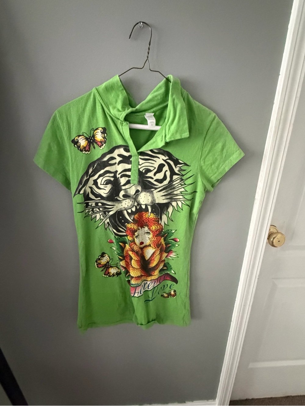 ED HARDY Bright Green Graphic Polo Top with Tiger Motif